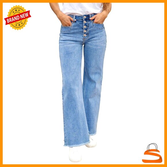 High Waisted Wide Leg Jeans Stretchy Straight Leg Raw Hem Button Fly